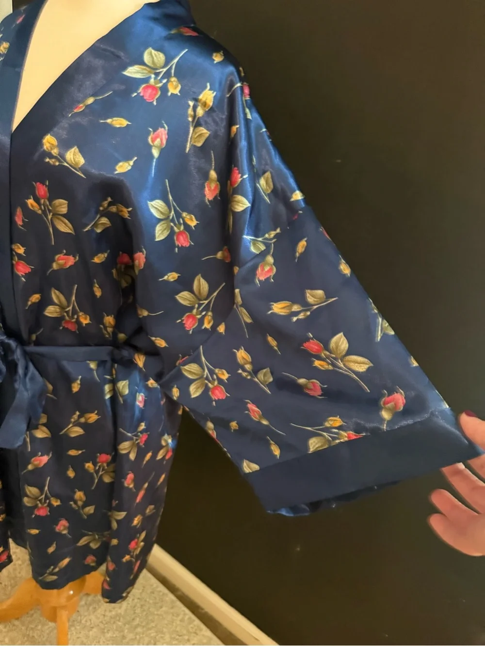 Navy Satin Floral Kimono Robe with Tie Belt XL